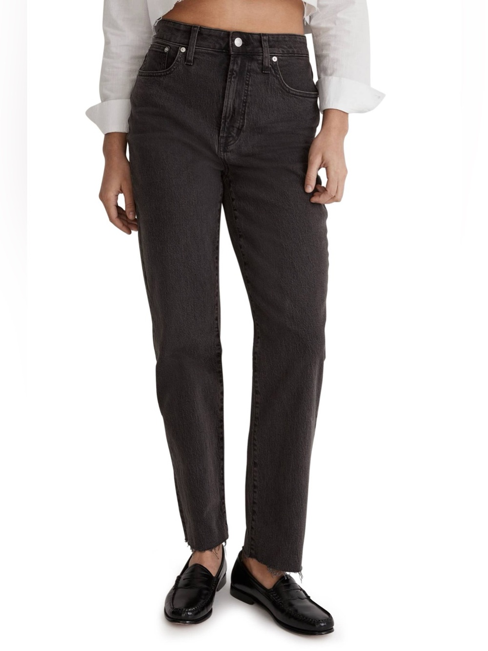 Madewell The Perfect Vintage Straight Leg Jeans High Waist Raw Hem Black Size 33